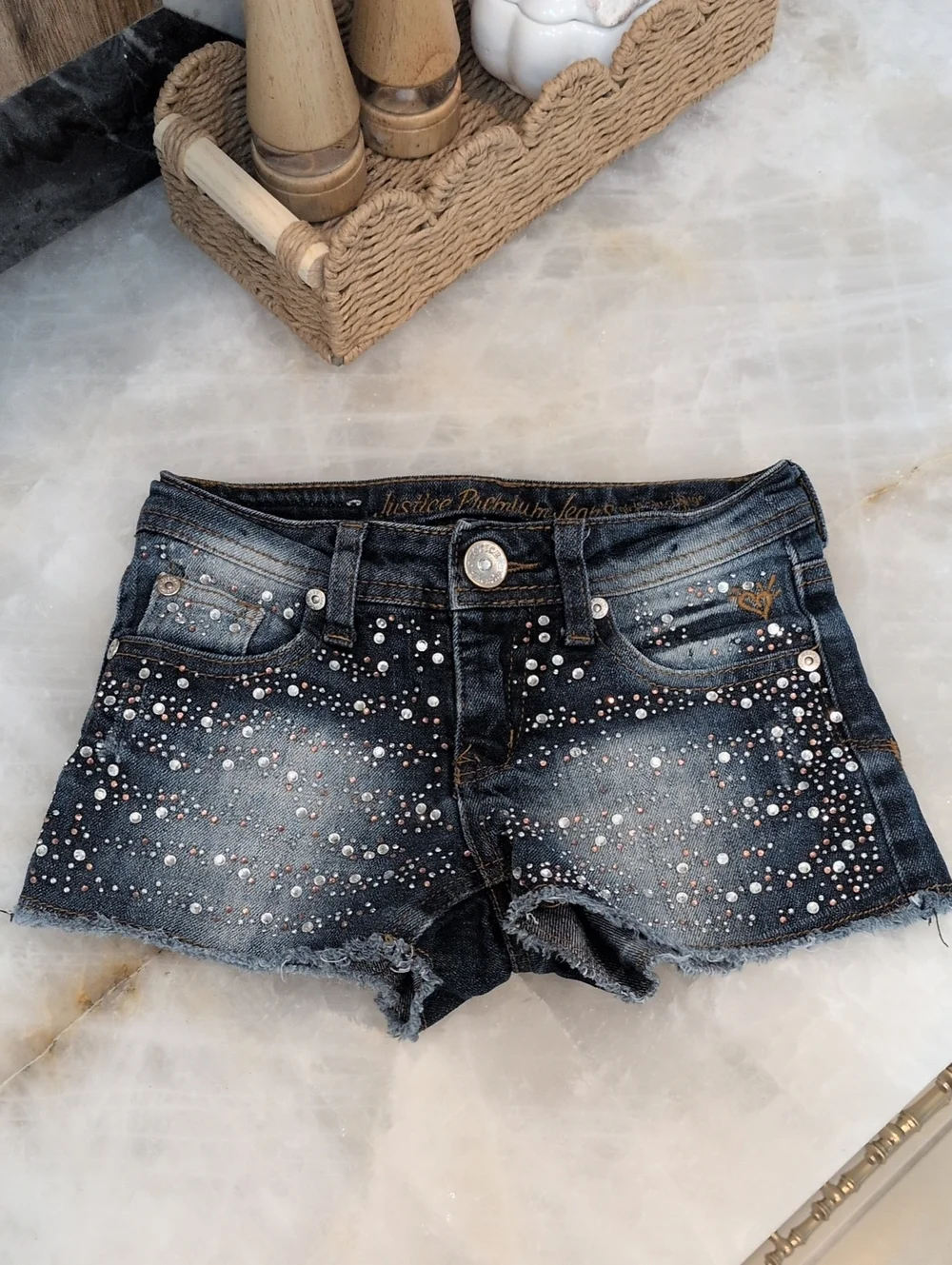 Justice Dark Wash Denim Jean Shorts with Rhinestone Accents
